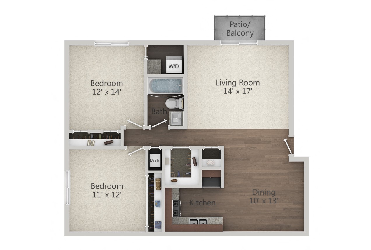Floor plan for 2 beds, 1 bath, 900 sqft